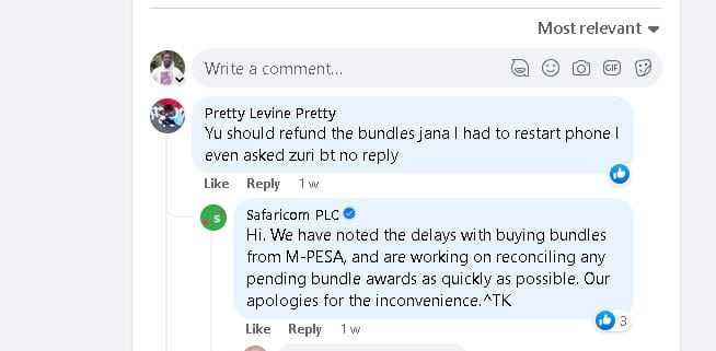 A Safaricom customer named Pretty Levine lamented after an unsuccessful data bundle purchase.