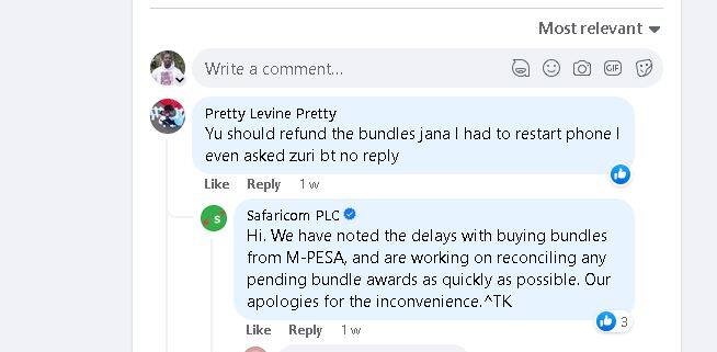 A Safaricom customer named Pretty Levine lamented after an unsuccessful data bundle purchase.