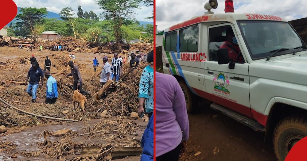 Collage of residents looking at the aftermath of Kijabe tragedy (l) and ambulance at the scene (r)