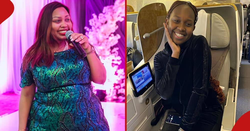 Millicent Omanga delivers a speech at an event (l). Omanga's daughter Maya (r) enjoys herself in the aeroplane.