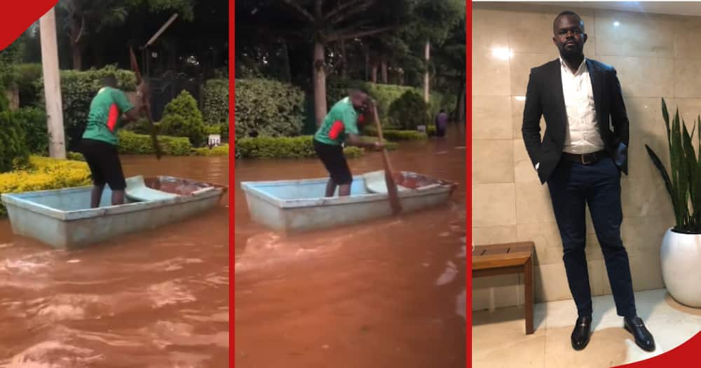 Man using a canoe and mwiko to navigate Runda estate in Nairobi. and maiko (l). The man in official wear (r).