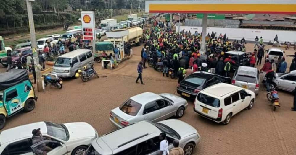 Motorists queue for fuel in April.