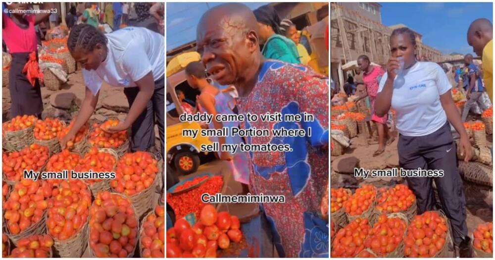 Lady who sells tomatoes, dad visits daughter who sells tomatoes, lovely family videos, dad and daughter videos, Enugu, Abakpa