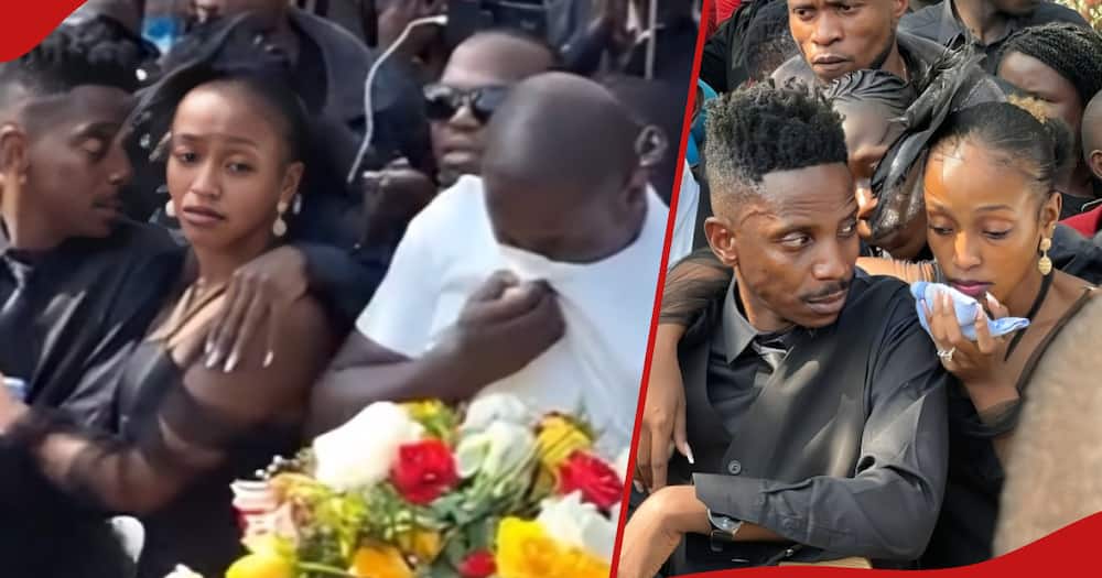 Terence Creative (l) wipes tears at Fred Omondi's grave, Eric Omondi (r) being comforted by his partner, Lynne, during Fred's burial.