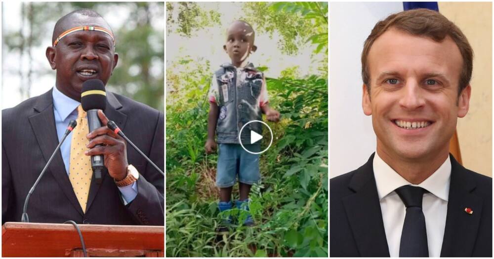 From left: MP Oscar Sudi, a Murang'a kid and France president Emmanuel Macron. Photo: Oscar Sudi, Thika Town Today, Emmanuel Macron.