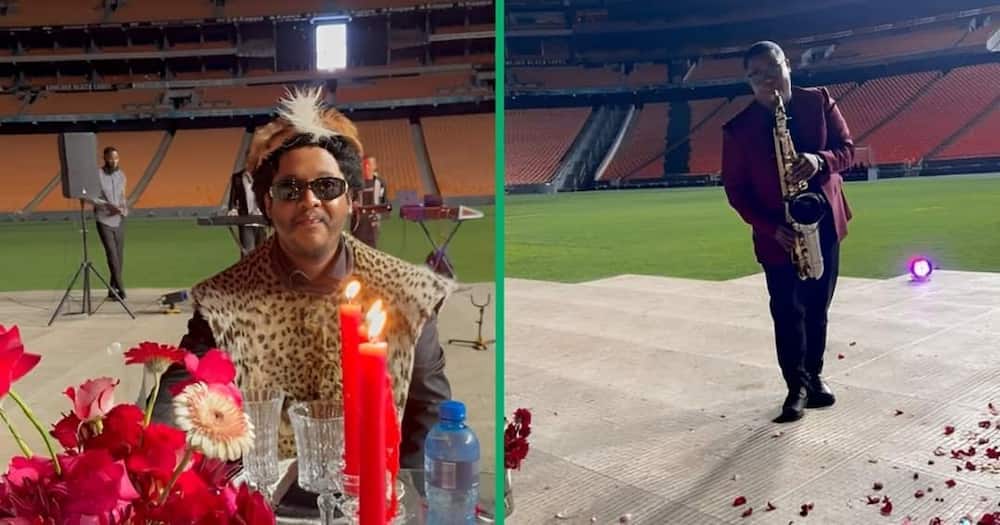 A man organised a romantic setting for a proposal at a stadium