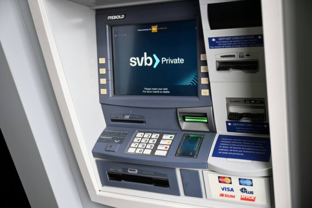 The SVB Private logo is displayed on an ATM outside of a Silicon Valley Bank branch in Santa Monica, California on March 20, 2023