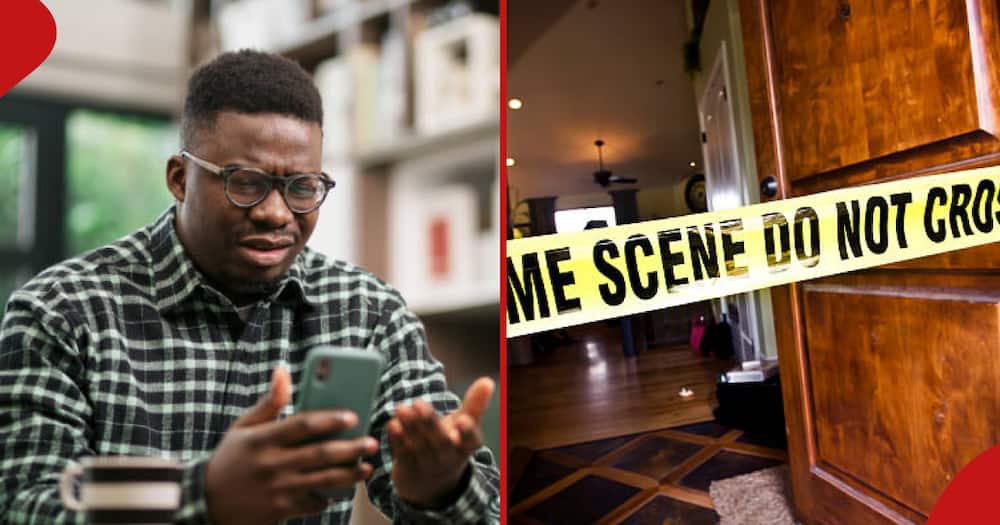 A man surprised by a text on the phone and next frame shows a crime scene.