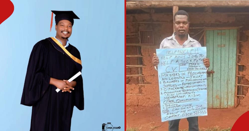 Jared Bosire Momanyi after graduation and when he carried a placard to beg for a job.