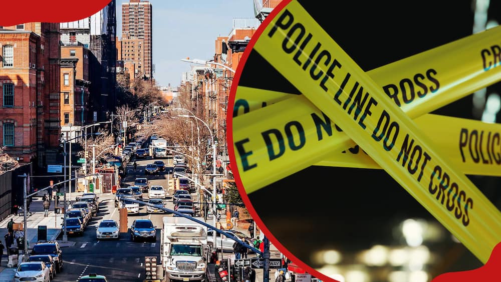 A collage of East Harlem and a crime scene in Bedford-Stuyvesant, Brooklyn