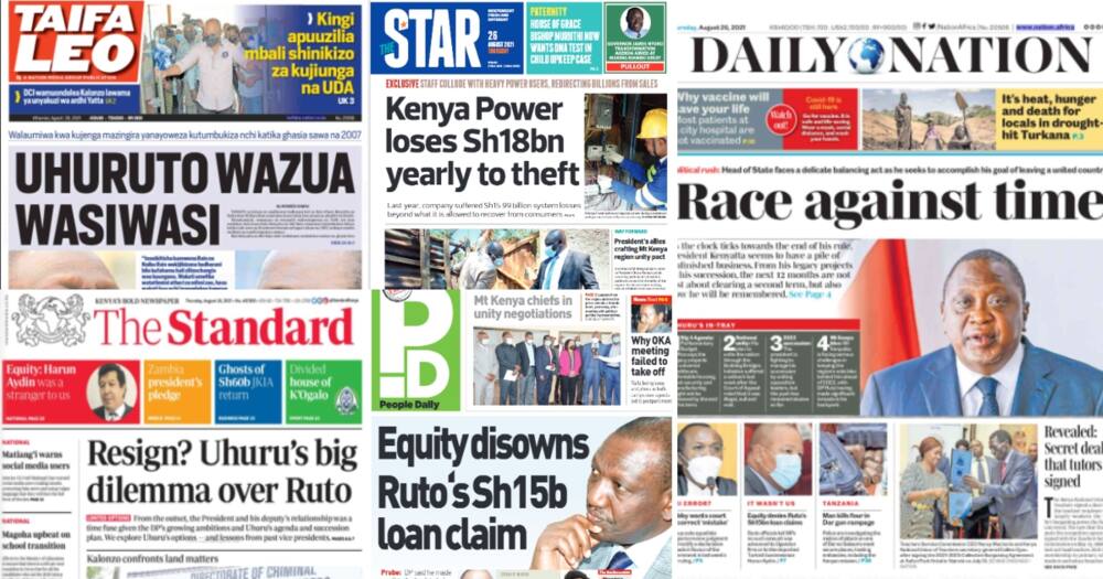 Kenyan newspapers. Photo: Screengrabs from The Standard, Daily Nation, The Star, People Daily and Taifa Leo.