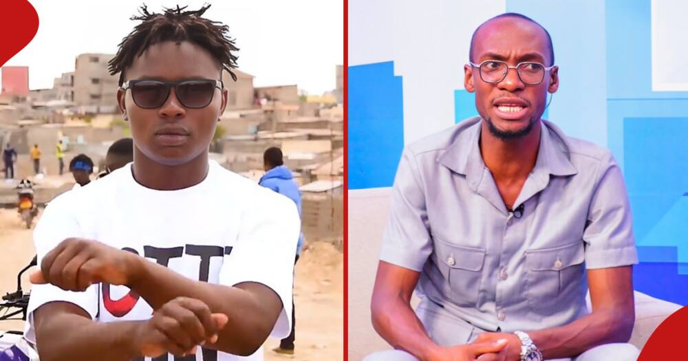 Stoopid Boy poses for a photo(left) and Dr Ofweneke addresses his audience on set(right).