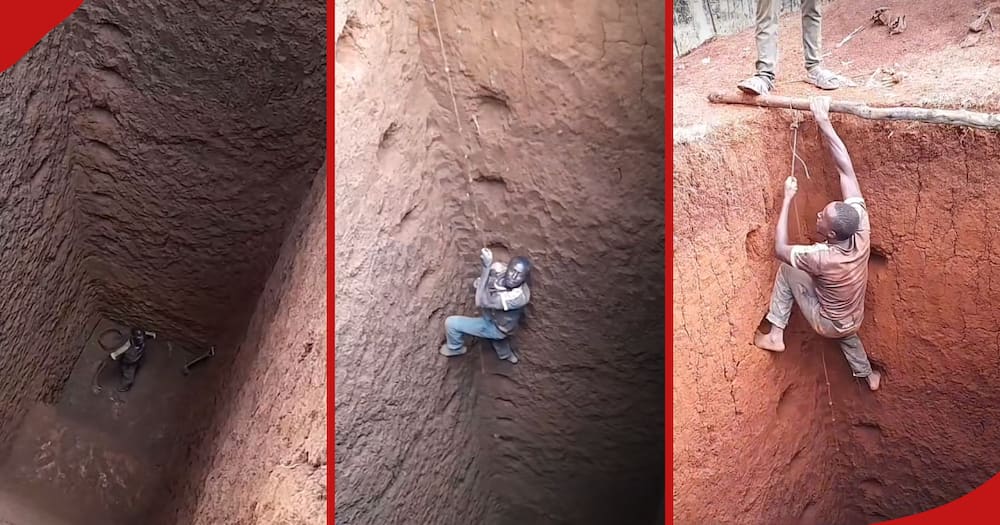 Mjengo man climbs out of 30ft hole he dug in all three frames.