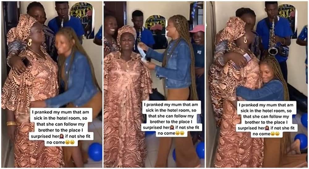 Nigerian mum frowns during birthday surprise after daughter tricked her to a hotel.