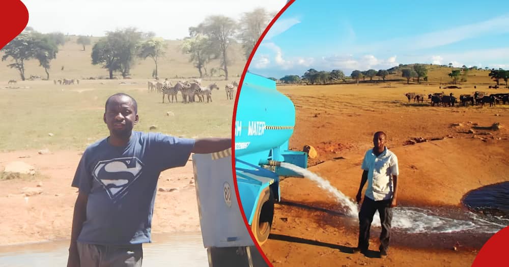 Collage of Patrick Kilonzo Mwalua delivering water to wild animals.