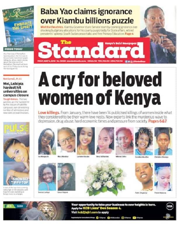 Kenyan newspapers review for May 3: Over 28 women killed by their loved ones in four months
