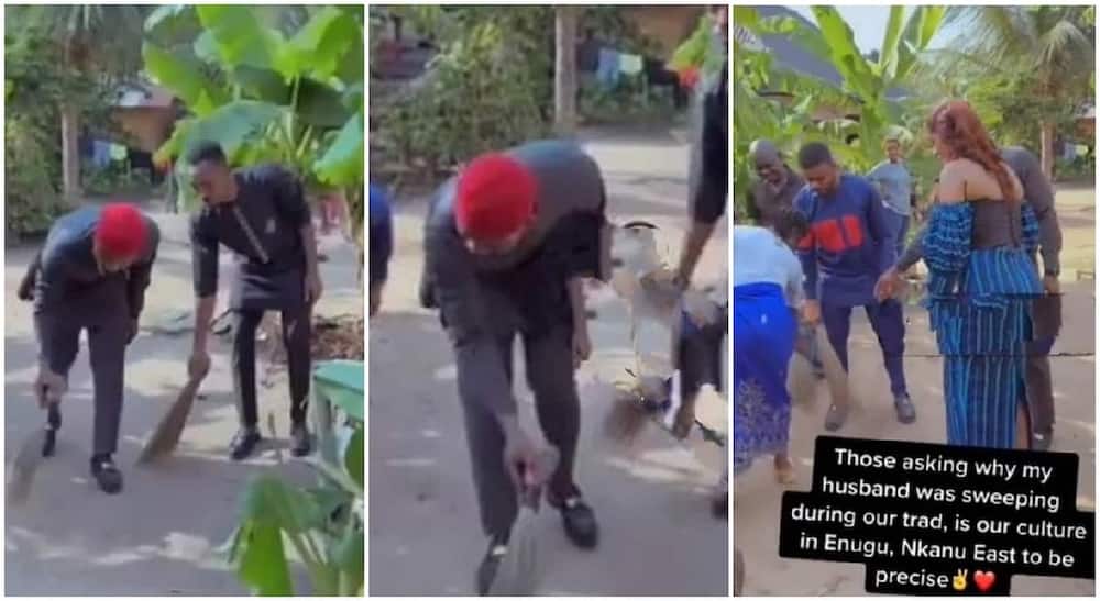 Video shows Nigerian man sweeping at his traditional wedding in Enugu.