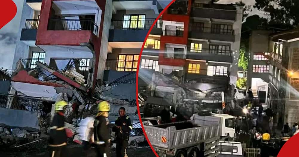 Rescuers at the scene where a residential apartment collapsed in Uthiru.