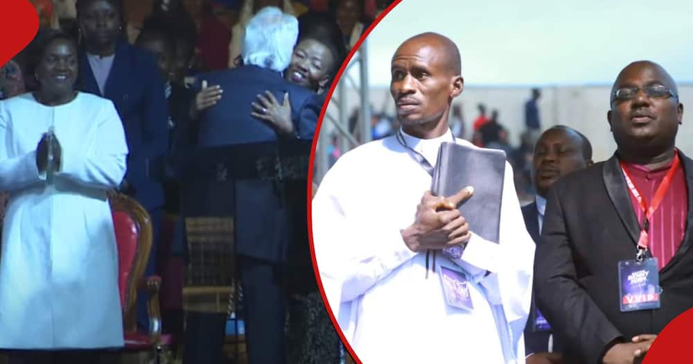 Collage showing Benny Hinn hug First Lady Rachel Ruto and Pastor Ezekiel looks on.