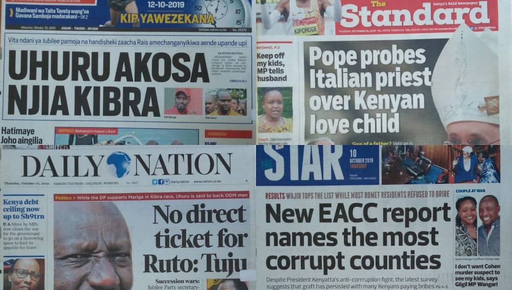 Magazeti ya Kenya Alhamisi, Oktoba 10 : Mbinu ya Jubilee kuiba kura Kibra yafichuliwa