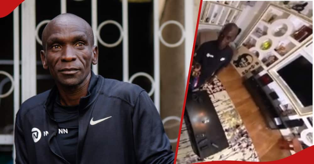 Eliud Kipchoge standing in iced water and Kipchoge living room.