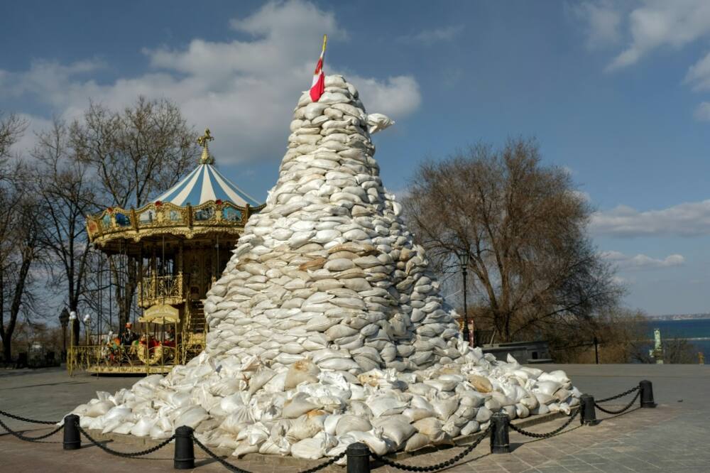 A monument to the Duc de Richelieu in Odessa, since March covered up with sandbags