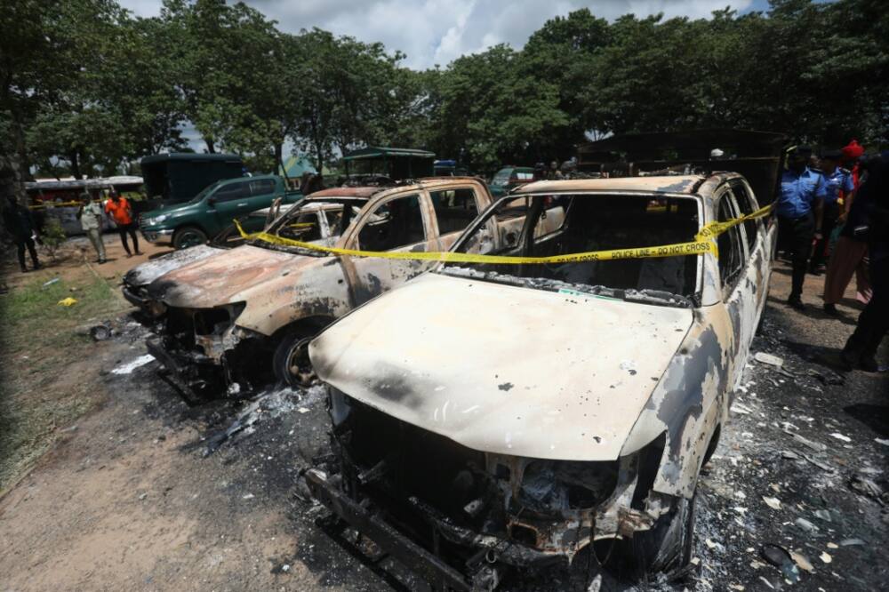 Burnt vehicles outside Kuje prison