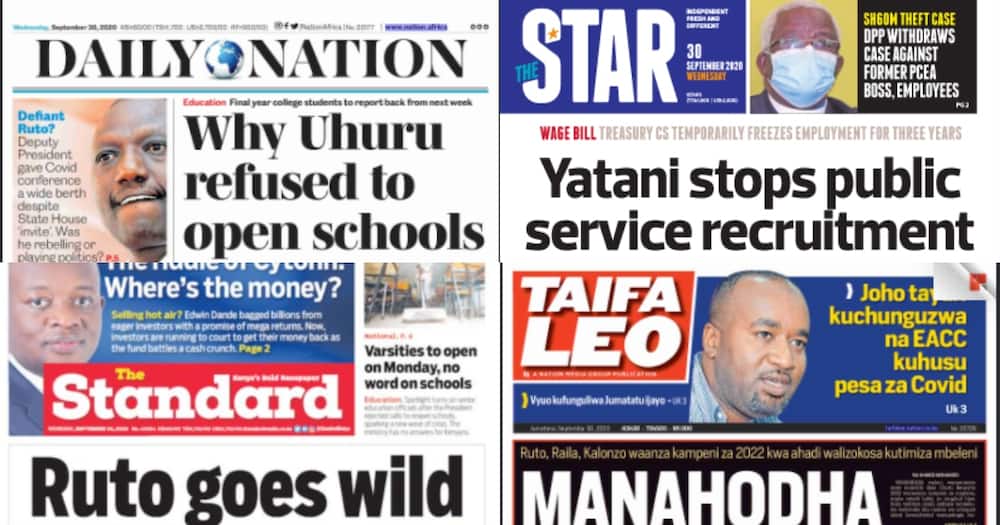 Kenyan newspapers review for September 30: Uhuru's skipped written speech on school reopening, threw education officials under bus