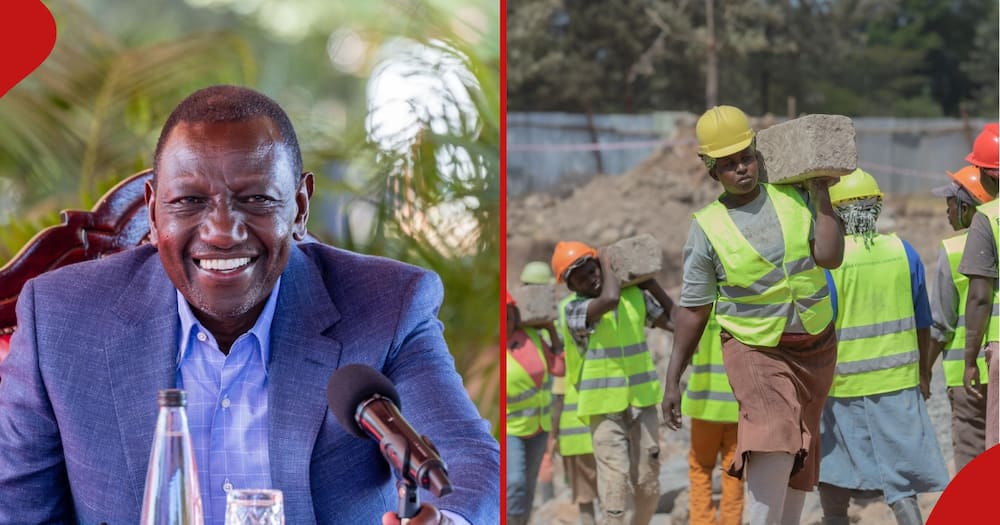 President William Ruto (left frame) and Kenyans in affordable housing site (right frame). His Affordable Housing project has been passed by senators.