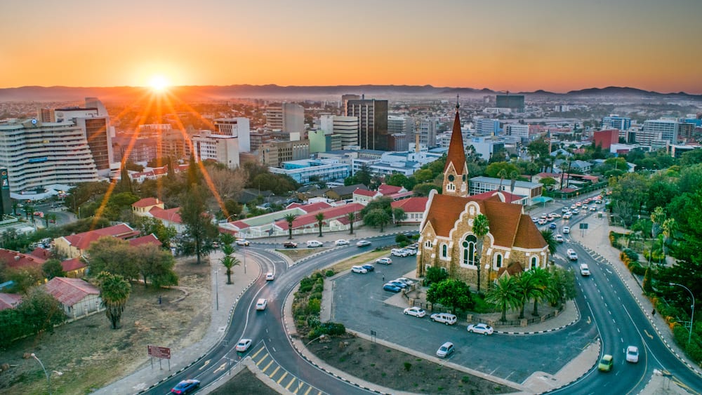 Aerial view of downtown Windhoek, Namibia, featuring the city's historic Christ Church.