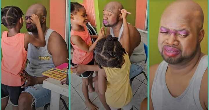 Little girls use make-up to decorate dad's face