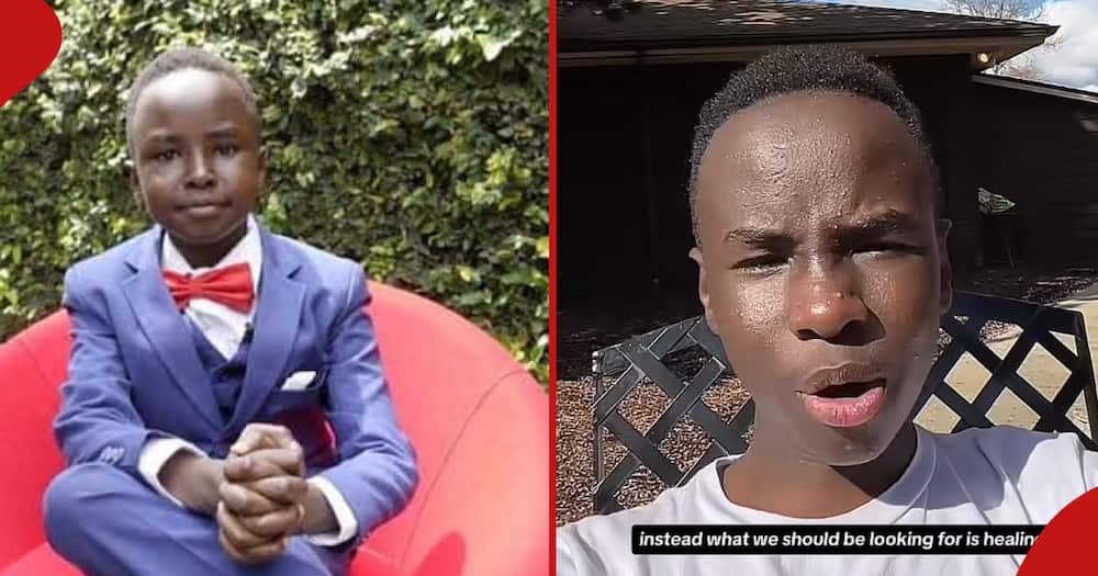 A young Victor Githu during an interview with TUKO.co.ke (left). An all grown Victor Githu preaching in the US (right).