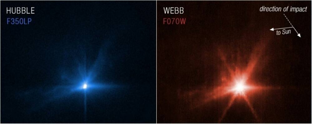Images taken by the Hubble and James Webb space telescopes after NASA's DART spacecraft smashed into an asteroid