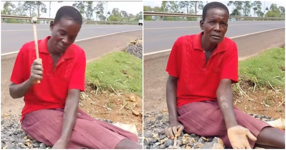 Kenyan widow, single mum of five, making gravel.