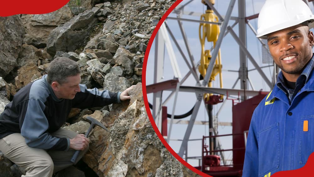 A collage of a geologist scientist looking at a rock outcrop with his hammer and an oil worker at an oil derrick