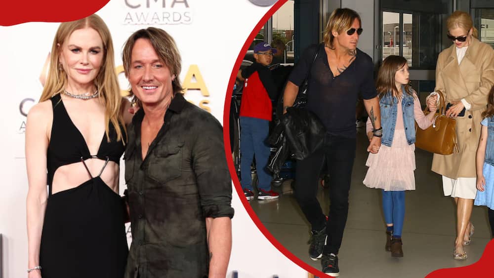 A collage of Nicole Kidman and Keith Urban at The 57th Annual CMA Awards and Nicole Keith Urban at Sydney airport with their daughter Sunday Rose