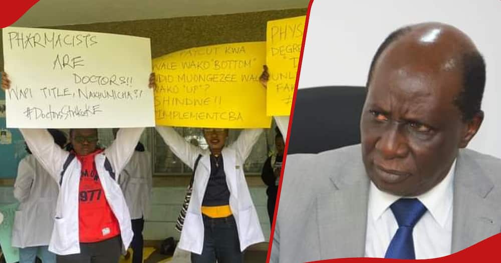Dr. James Nyikal, MP for Seme Constituency pictured in right frame. Left frame shows striking medics holding placards.