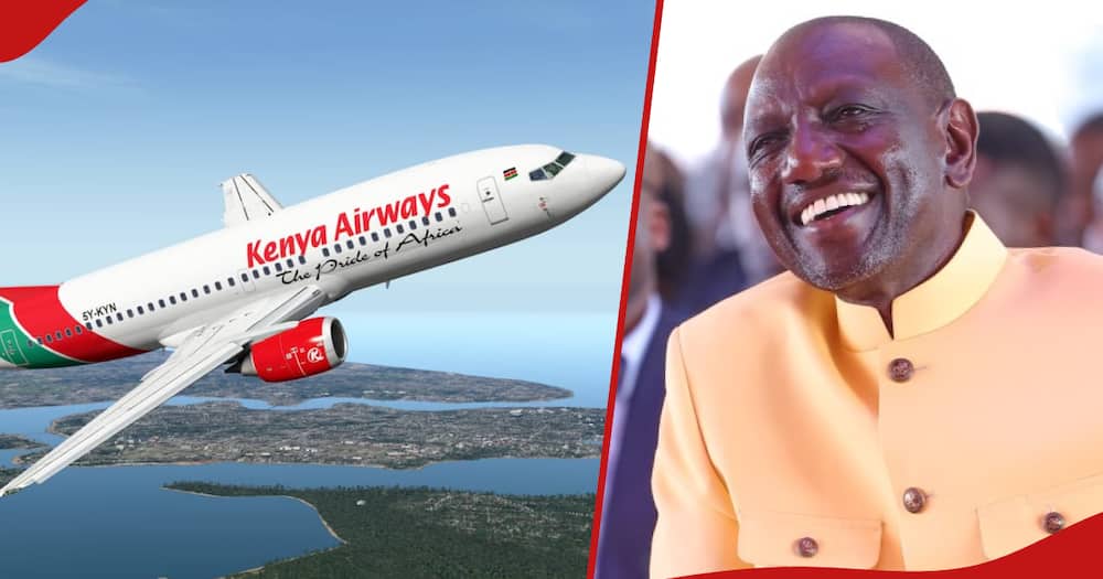 Collage of Kenya Airways plane (l) and President William Ruto (r).