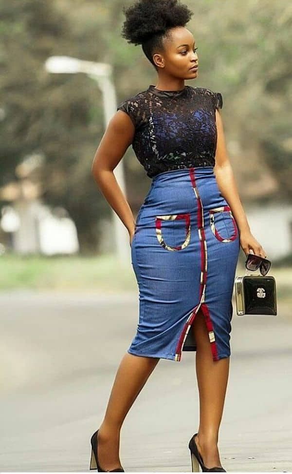 Jeans skirt shop with ankara patches