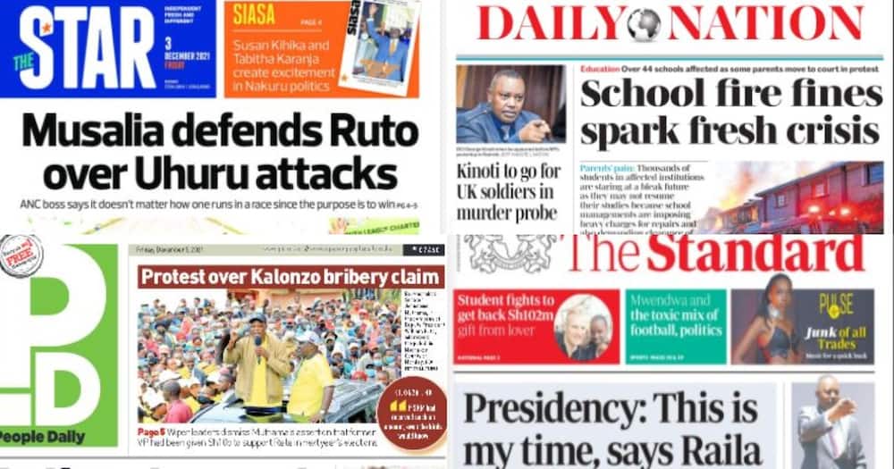 Kenyan Newspapers Review for December 3: Musalia Mudavadi Defends William Ruto Against Uhuru's Attacks