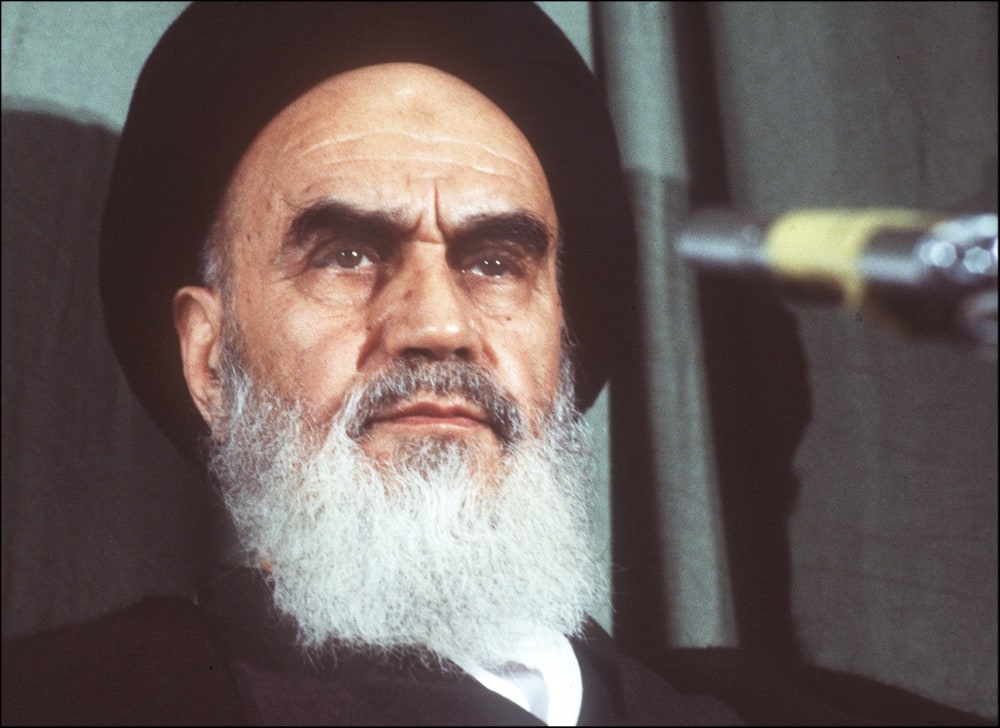 Iran's then-supreme leader Ayatollah Ruhollah Khomeini, pictured in Tehran on February 5, 1979, a decade before he issued a fatwa against the author Salman Rushdie