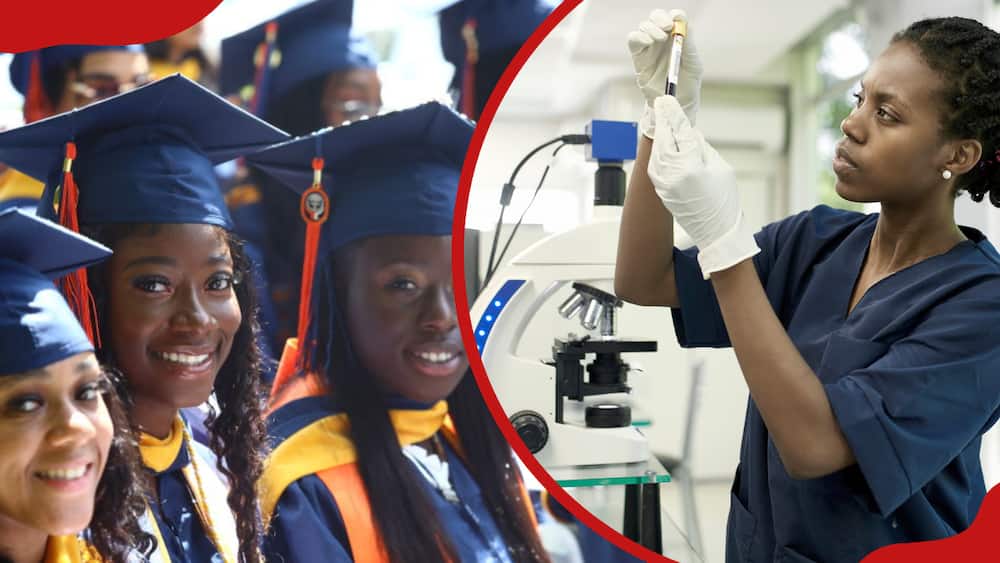 A collage of university graduates and a woman working in the lab