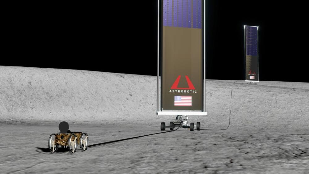 This image courtesy of Astrobotic shows an artistic illustration of LunaGrid, a power generation and distribution service developed for the Moon