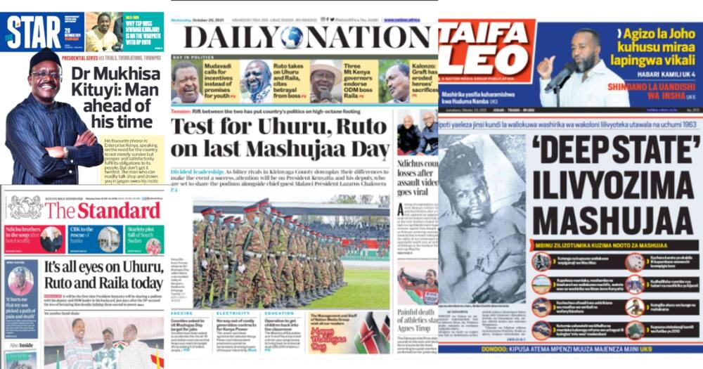 Newspaper Review for October 20: Eyes on Uhuru, Ruto as They Come Face to Face in Kirinyaga for Mashujaa Day