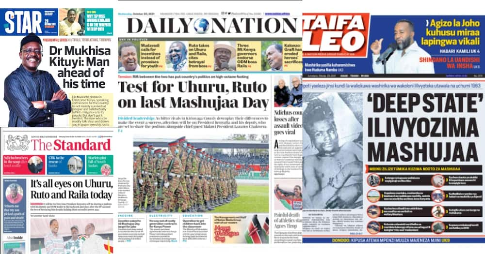 Newspaper Review for October 20: Eyes on Uhuru, Ruto as They Come Face to Face in Kirinyaga for Mashujaa Day