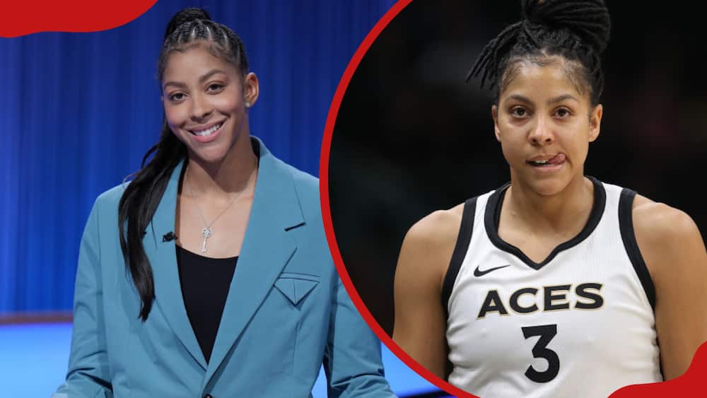A collage of Candace Parker in the quarterfinal round eight of Celebrity Jeopardy and Candace Parker at Climate Pledge Arena