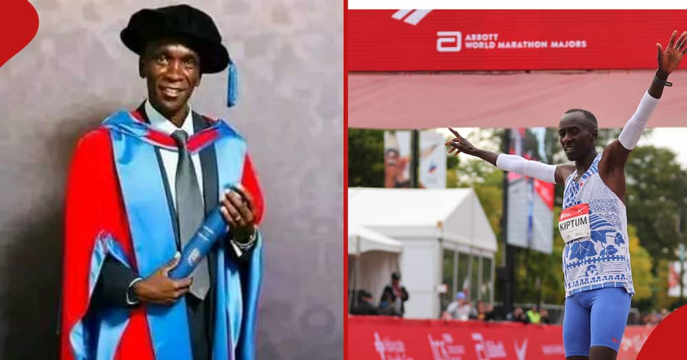 Eliud Kipchoge received a honorary degree in 2019 from Exeter University, and Kelvin Kiptum congratulated him.