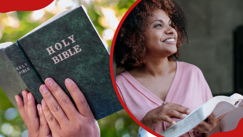 Someone holding a Bible (L), a woman reading a Bible (R)