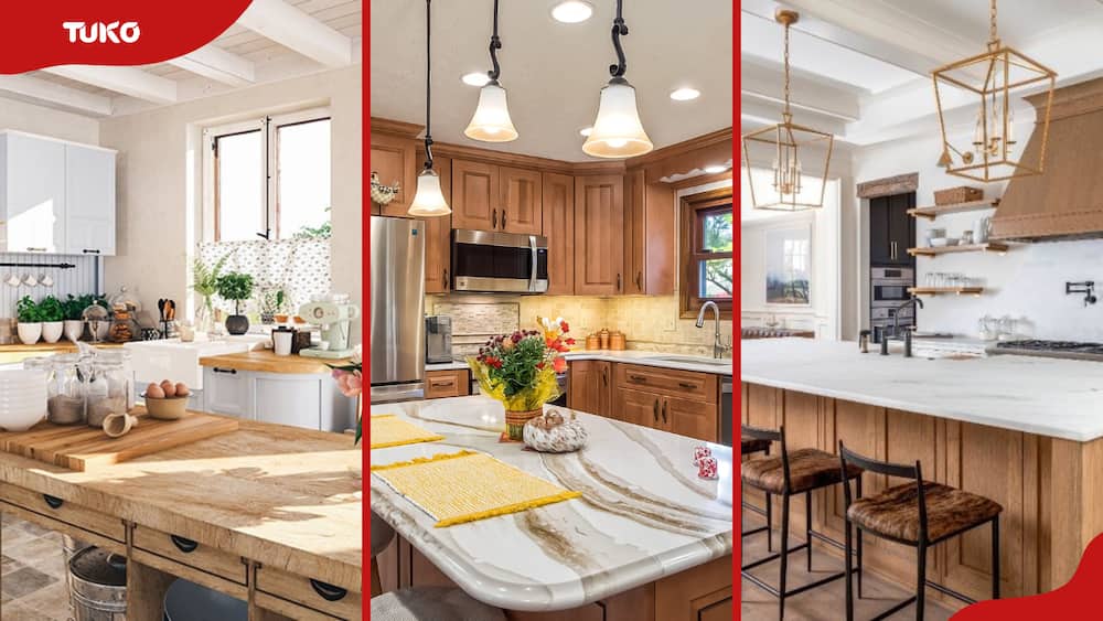 A photo collage of three kitchen designs.