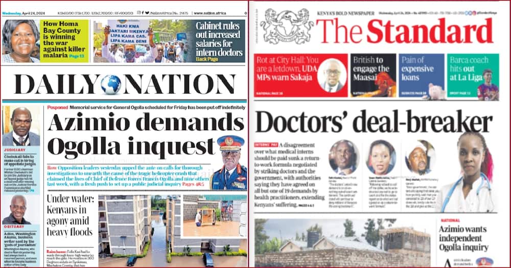 Front headlines of Daily Nation and The Standard newspapers.